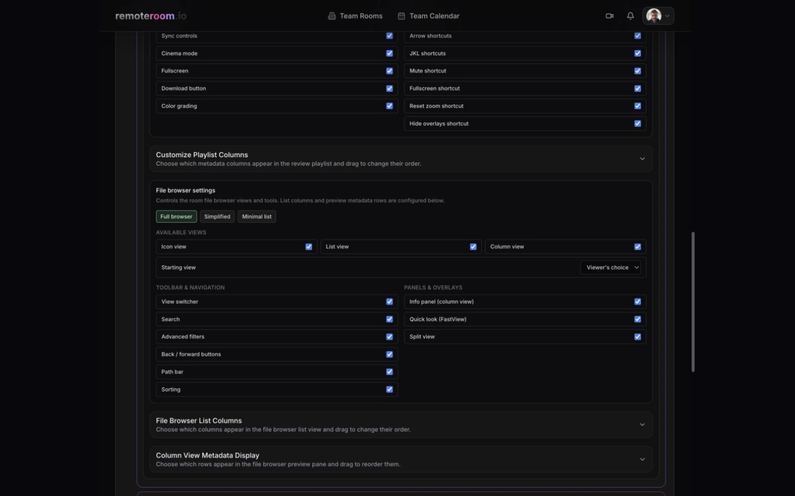 Media workspace — Choose icon, list, or column views, starting layout, panels, and toolbar.
