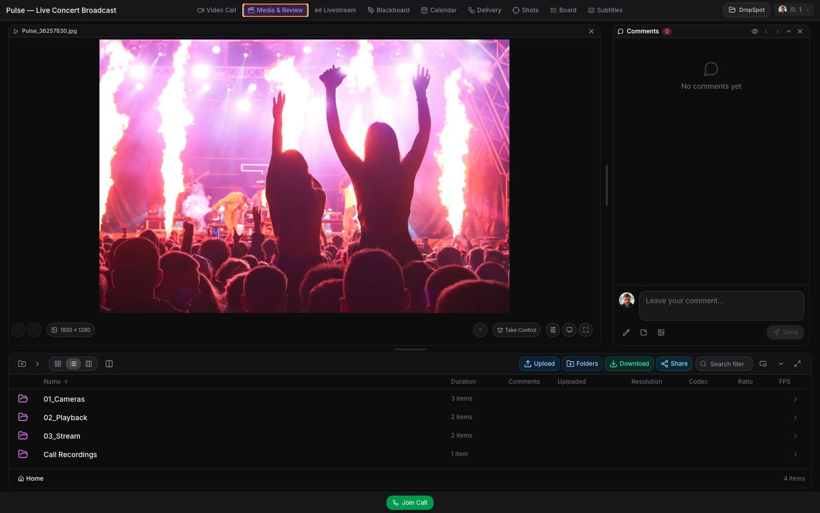 Live-event review — Review the latest show media in the same room as the team and live feed.