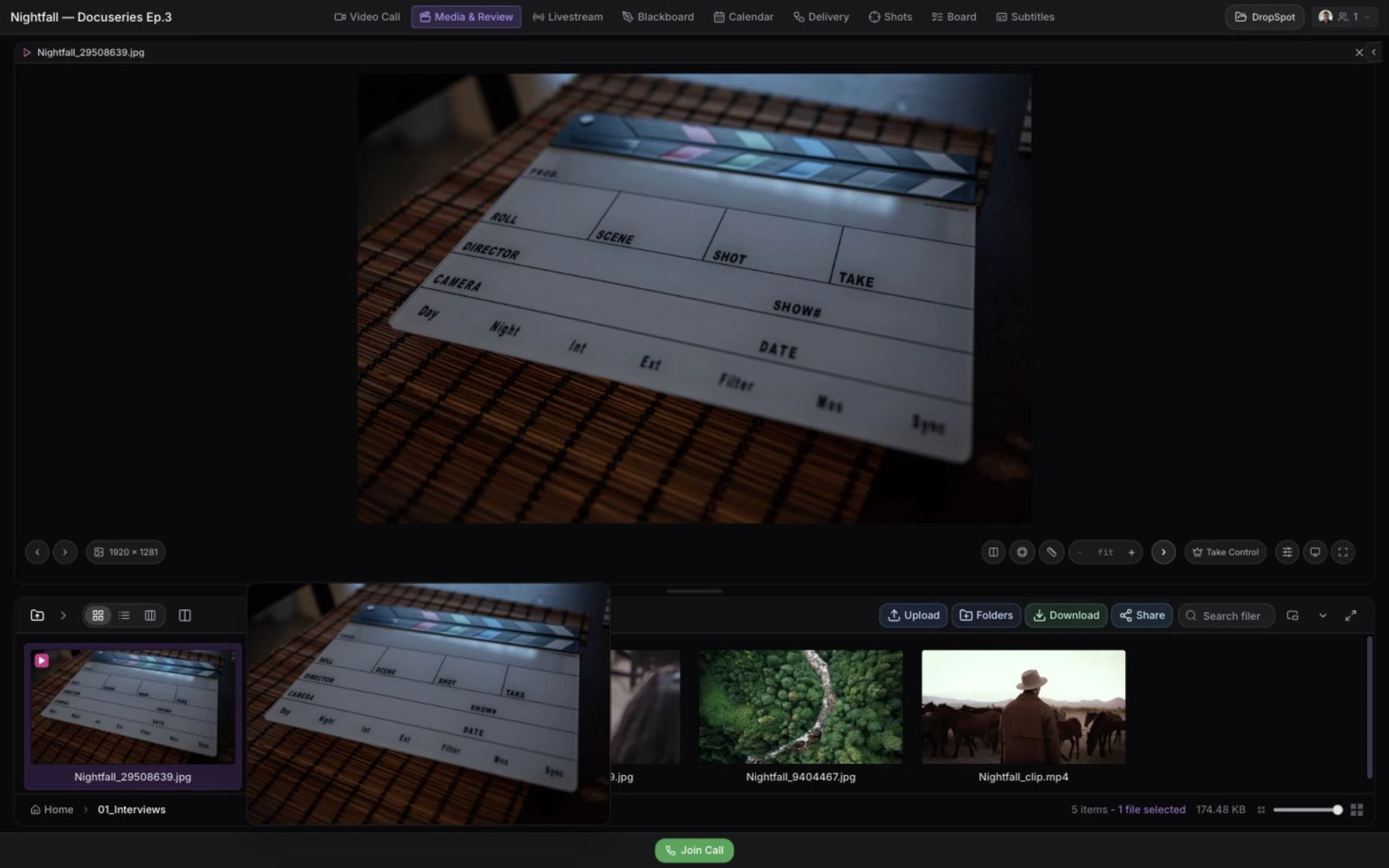 Media browser — Icon, list, and column views keep cuts, plates, and references together.