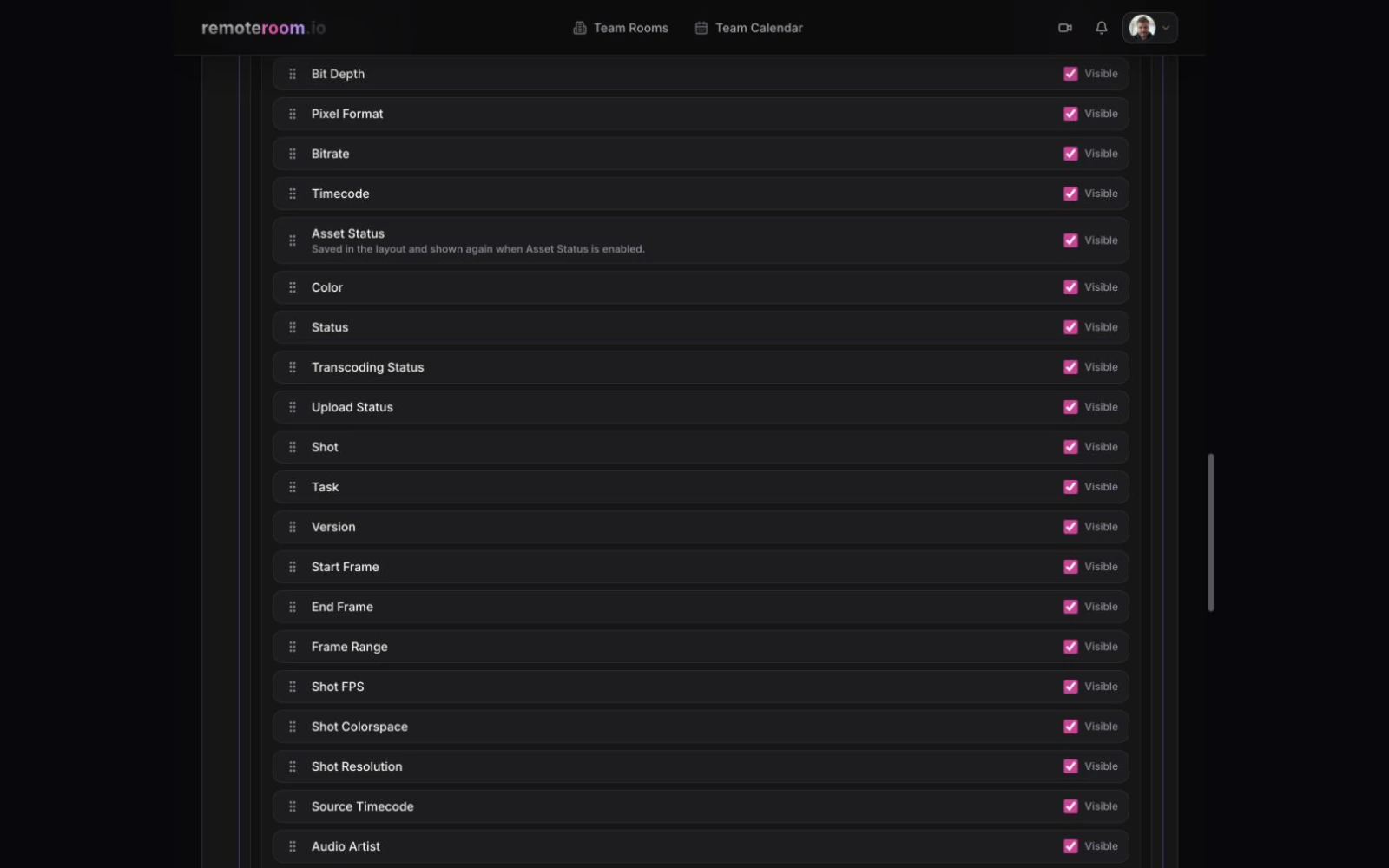 Pipeline columns — Arrange shot, task, version, frame, color, rights, and technical metadata.