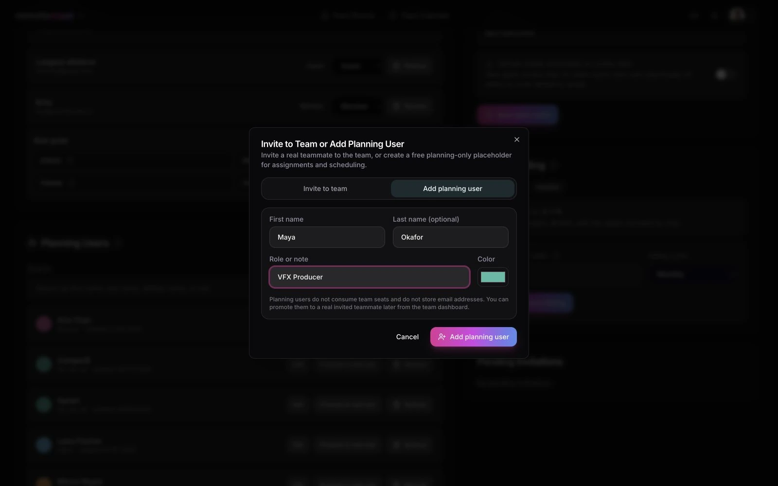 Planning users — Schedule named collaborators without creating seats or sending account emails.