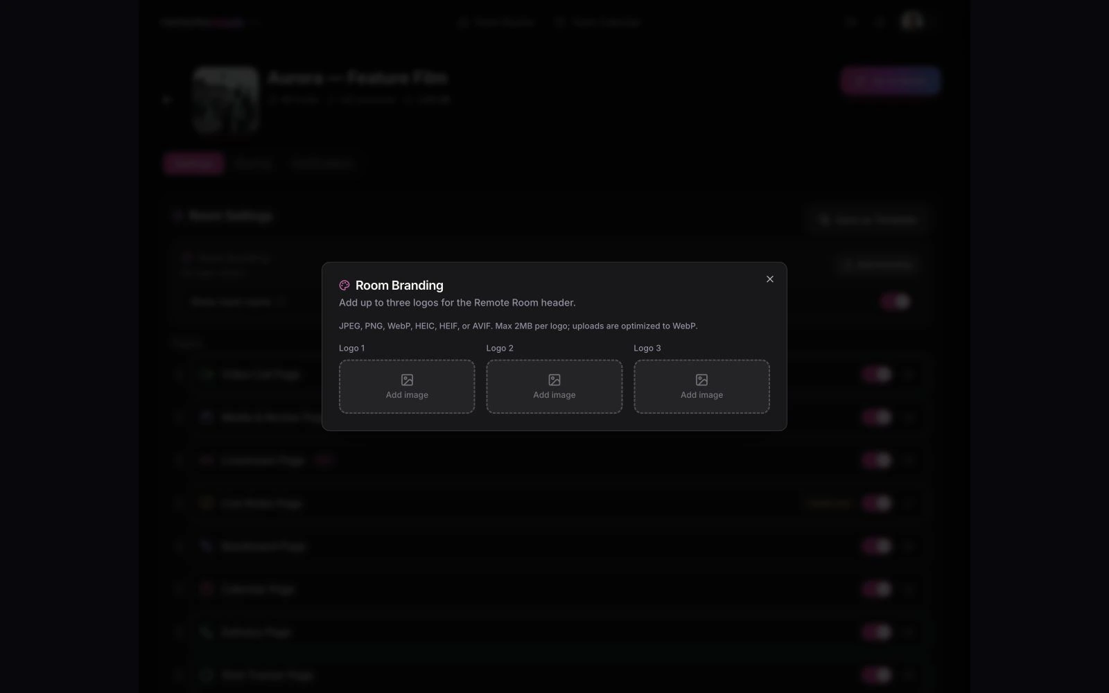 Branding controls — Configure up to three logo slots and whether the room name appears in the header.