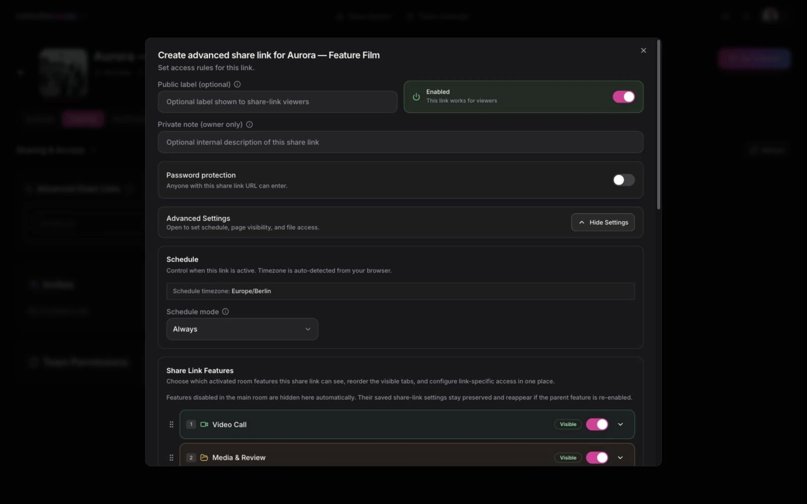 Share Link settings — Give each client or vendor a purpose-built view of the same room.