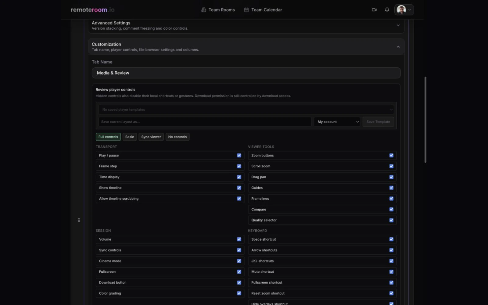 Viewer layouts — Preset full, basic, sync-only, or client-safe review controls per room.